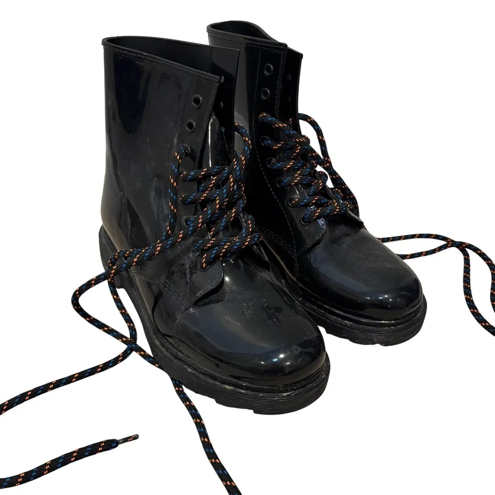 ASOS Black Patent Vinyl Combat Boots Chunky Lug Sole Lace Up Women's UK 4 US 6.5